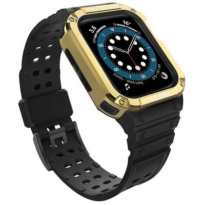 Apple Watch 1-6, SE, SE (2022) (42 / 44 mm) / Watch 7-9 (45 mm), Szilikon védőkeret, közepesen ütésálló, állítható szíjjal, kétszínű, fekete/arany