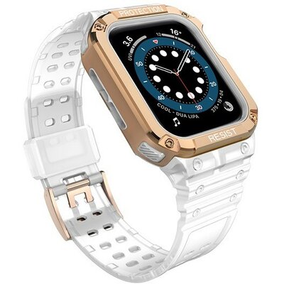 Apple Watch 1-6, SE, SE (2022) (42 / 44 mm) / Watch 7-9 (45 mm), Szilikon védőkeret, közepesen ütésálló, állítható szíjjal, kétszínű, átlátszó/vörösarany