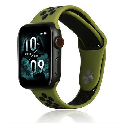 Apple Watch 1-6, SE, SE (2022) (42 / 44 mm) / Watch 7-9 (45 mm) / Watch Ultra (49 mm), szilikon pótszíj, állítható, lyukacsos, sötétzöld/fekete