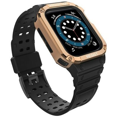 Apple Watch 1-6, SE, SE (2022) (38 / 40 mm) / Watch 7-9 (41 mm), Szilikon védőkeret, közepesen ütésálló, állítható szíjjal, kétszínű, fekete/vörösarany