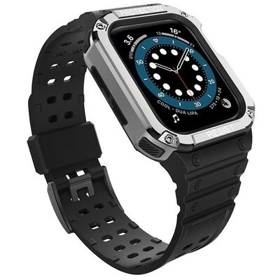 Apple Watch 1-6, SE, SE (2022) (38 / 40 mm) / Watch 7-9 (41 mm), Szilikon védőkeret, közepesen ütésálló, állítható szíjjal, kétszínű, fekete/ezüst