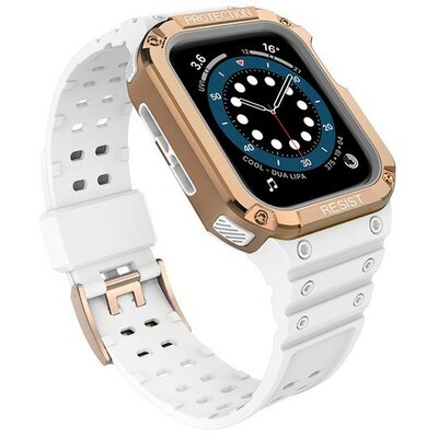 Apple Watch 1-6, SE, SE (2022) (38 / 40 mm) / Watch 7-9 (41 mm), Szilikon védőkeret, közepesen ütésálló, állítható szíjjal, kétszínű, fehér/vörösarany