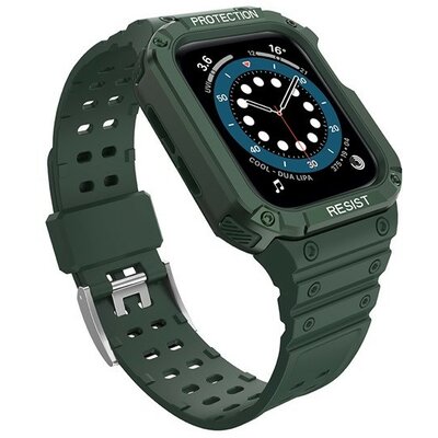 Apple Watch 1-6, SE, SE (2022) (42 / 44 mm) / Watch 7-9 (45 mm), Szilikon védőkeret, közepesen ütésálló, állítható szíjjal, sötétzöld