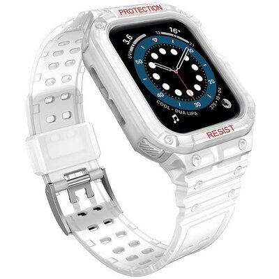 Apple Watch 1-6, SE, SE (2022) (42 / 44 mm) / Watch 7-9 (45 mm), Szilikon védőkeret, közepesen ütésálló, állítható szíjjal, átlátszó