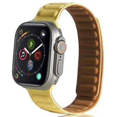 Apple Watch 1-6, SE, SE (2022) (42 / 44 mm) / Watch 7-9 (45 mm) / Watch Ultra (49 mm), szilikon pótszíj, mágneses zár, bőrhatású, 3D minta, sárga