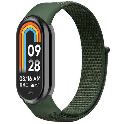 Xiaomi Mi Smart Band 8, textíl pótszíj, nylon, tépőzáras, állítható, légáteresztő, sötétzöld