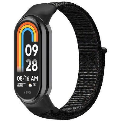 Xiaomi Mi Smart Band 8, textíl pótszíj, nylon, tépőzáras, állítható, légáteresztő, fekete