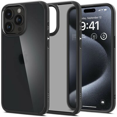 Apple iPhone 15 Pro, Műanyag hátlap védőtok + szilikon keret, Spigen Ultra Hybrid Matte, áttetsző/fekete