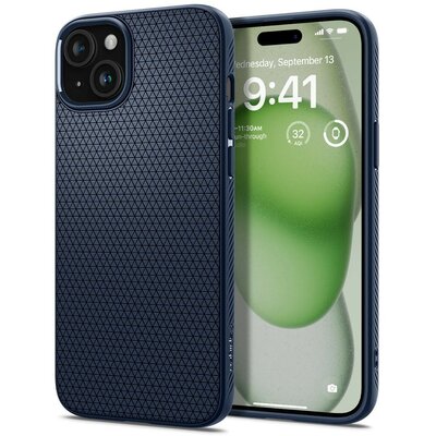 Apple iPhone 15 Plus, Szilikon tok, Spigen Liquid Air, háromszög minta, sötétkék