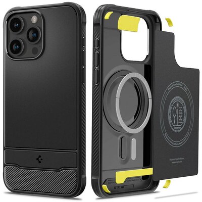 Apple iPhone 15 Pro Max, Szilikon tok + műanyag hátlap, közepesen ütésálló, Magsafe töltővel kompatibilis, karbon minta, Spigen Rugged Armor Mag, fekete