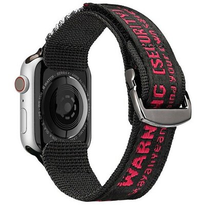 Apple Watch 1-6, SE (42 / 44 mm) / Watch 7-8 (45 mm) / Watch Ultra (49 mm), textíl pótszíj, tépőzáras, állítható, légáteresztő, feliratos, Dux Ducis Outdoor, fekete/piros