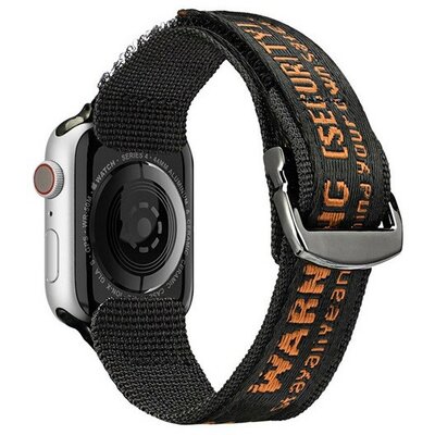 Apple Watch 1-6, SE (42 / 44 mm) / Watch 7-8 (45 mm) / Watch Ultra (49 mm), textíl pótszíj, tépőzáras, állítható, légáteresztő, feliratos, Dux Ducis Outdoor, fekete/narancssárga