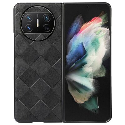 Huawei Mate X3, Műanyag hátlap védőtok, közepesen ütésálló, bőrhatású hátlap, 3D négyzet minta, fekete