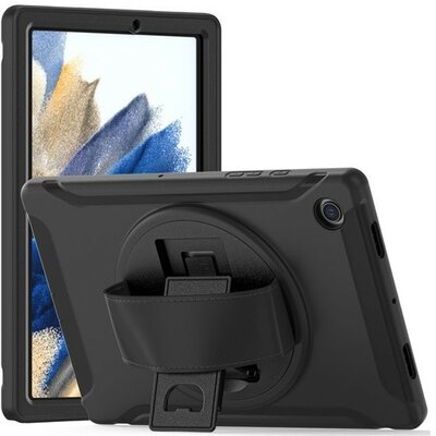 Samsung Galaxy Tab A8 10.5 (2021) SM-X200 / X205, Műanyag hátlap védőtok, szilikon belső, kitámasztóval, kézpánt, Defender, fekete