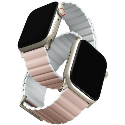 Apple Watch 1-6, SE (42 / 44 mm) / Watch 7-8 (45 mm) / Watch Ultra (49 mm), szilikon pótszíj, mágneses zár, kétszínű, két oldalas, megfordítható, Uniq Revix, rózsaszín/fehér