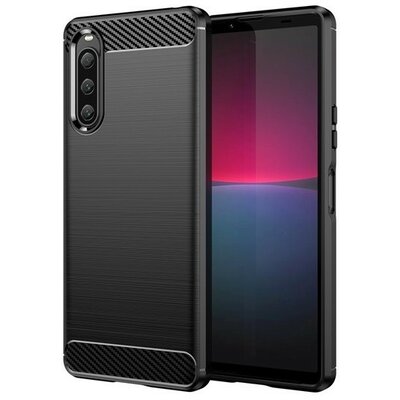 Sony Xperia 10 V, Szilikon tok, közepesen ütésálló, szálcsiszolt, karbon minta, fekete