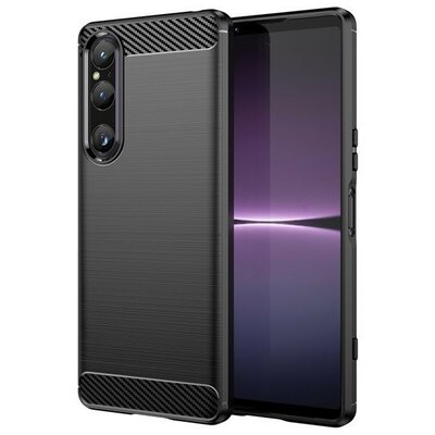 Sony Xperia 1 V, Szilikon tok, közepesen ütésálló, szálcsiszolt, karbon minta, fekete