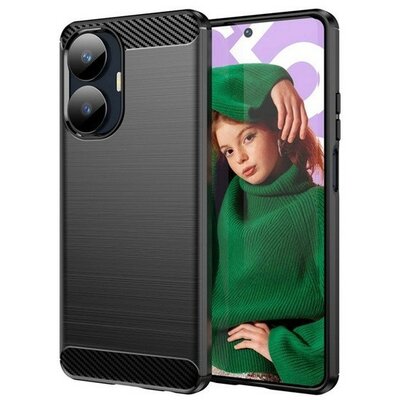 Realme C55, Szilikon tok, közepesen ütésálló, szálcsiszolt, karbon minta, fekete