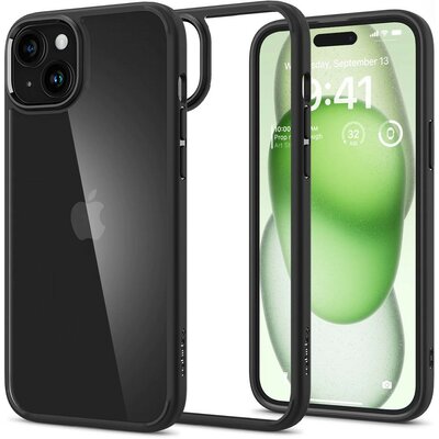 Apple iPhone 15 Plus, Műanyag hátlap védőtok + szilikon keret, Spigen Ultra Hybrid, átlátszó/fekete