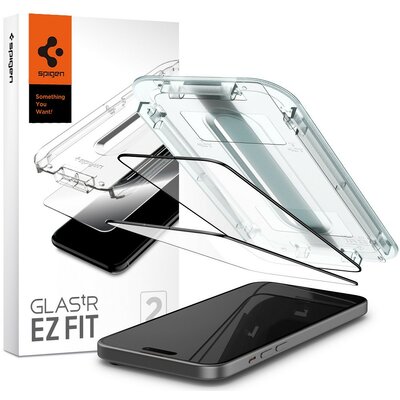 Apple iPhone 15 / 16, Kijelzővédő fólia, ütésálló fólia (az íves részre is!), Tempered Glass (edzett üveg), Spigen Ez Fit, fekete, 2 db / csomag