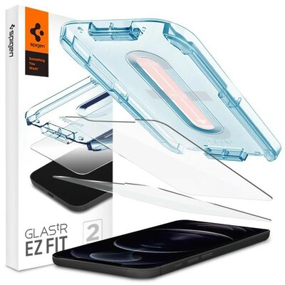 Apple iPhone 12 Pro Max, Kijelzővédő fólia, ütésálló fólia (az íves részre is!), Tempered Glass (edzett üveg), Spigen Ez Fit, Clear, 2 db / csomag