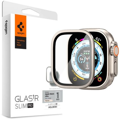 Apple Watch Ultra (49 mm), Kijelzővédő fólia, ütésálló fólia (az íves részre is!), Tempered Glass (edzett üveg), Spigen Glastr Slim Pro, titánium