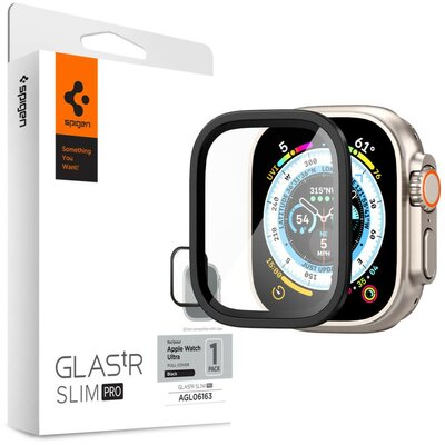 Apple Watch Ultra (49 mm), Kijelzővédő fólia, ütésálló fólia (az íves részre is!), Tempered Glass (edzett üveg), Spigen Glastr Slim Pro, fekete