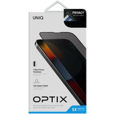 Apple iPhone 14 Pro, Kijelzővédő fólia, ütésálló fólia (az íves részre is!), Tempered Glass (edzett üveg), Uniq Optix Privacy, fekete