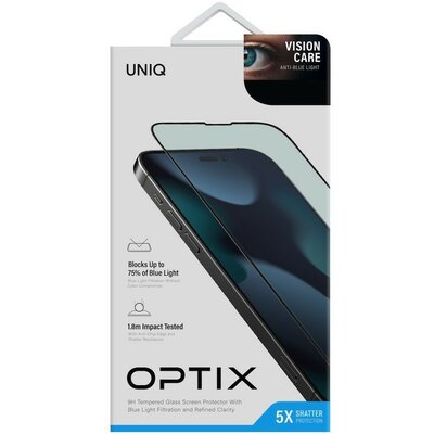 Apple iPhone 14 Pro, Kijelzővédő fólia, ütésálló fólia (az íves részre is!), Tempered Glass (edzett üveg), Anti Blue Ray, Uniq Optix VisionCare, fekete