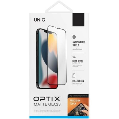 Apple iPhone 13 / 13 Pro, Kijelzővédő fólia, ütésálló fólia (az íves részre is!), Tempered Glass (edzett üveg), tükröződésmentes, Uniq Optix Matte, fekete