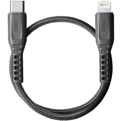 USB Type-C töltő- és adatkábel, Lightning, 30 cm, 3000 mA, 18W, törésgátlóval, gyorstöltés, PD, Uniq Flex, szürke