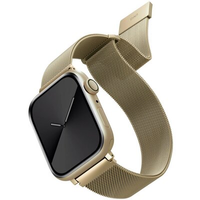 Apple Watch 1-6, SE (42 / 44 mm) / Watch 7-8 (45 mm), fém pótszíj, milánói stílus, mágnes zárral, Uniq Dante, arany