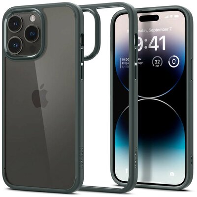 Apple iPhone 14 Pro Max, Műanyag hátlap védőtok + szilikon keret, Spigen Ultra Hybrid, átlátszó/sötétzöld