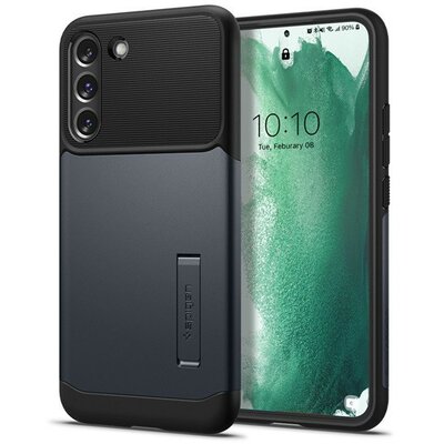 Samsung Galaxy S22 Plus 5G SM-S906, Szilikon tok, műanyag hátlappal, kitámasztóval, Spigen Slim Armor, sötétkék