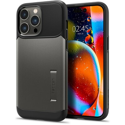 Apple iPhone 14 Pro Max, Szilikon tok, műanyag hátlappal, kitámasztóval, Spigen Slim Armor, sötétszürke