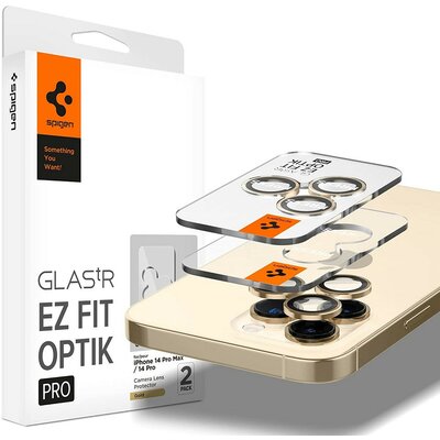 Apple iPhone 14 Pro / 14 Pro Max, Kamera lencsevédő fólia, ütésálló fólia, Tempered Glass (edzett üveg), Spigen Glastr Ez Fit Optik Pro, arany, 2 db / csomag