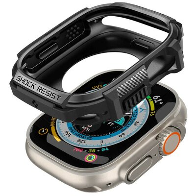 Apple Watch Ultra (49 mm), Szilikon védőkeret, ütésálló, szíj nélkül, Spigen Rugged Armor, fekete