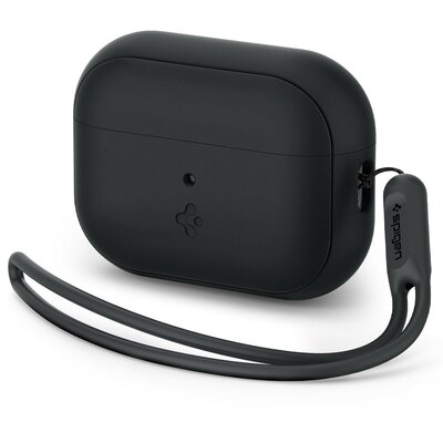 Bluetooth fülhallgató töltőtok tartó, szilikon, csuklópánt, Apple AirPods Pro 2 kompatibilis, Spigen Silicone Fit, fekete