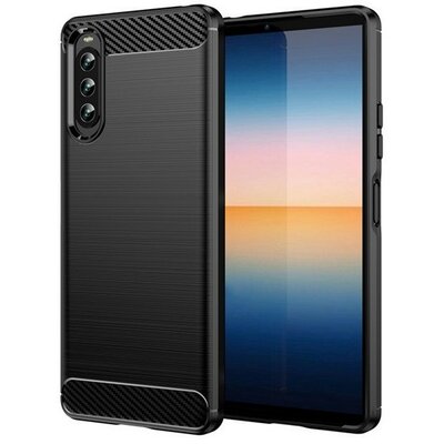 Sony Xperia 10 IV, Szilikon tok, közepesen ütésálló, szálcsiszolt, karbon minta, fekete