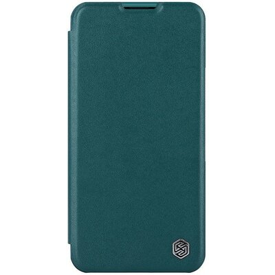 Apple iPhone 14, Oldalra nyíló tok, kamera védelem, Nillkin Qin Pro Plain Leather Cloth, zöld