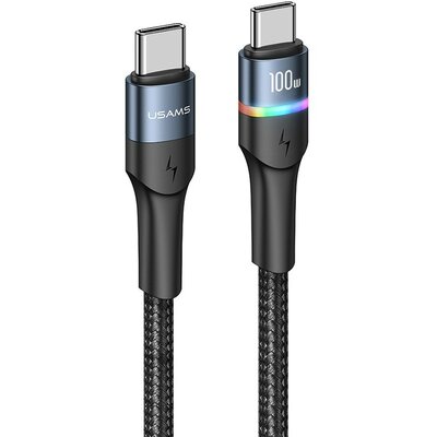 USB Type-C töltő- és adatkábel, USB Type-C, 120 cm, 5000 mA, 100W, törésgátlóval, gyorstöltés, PD, LED-es, cipőfűző minta, Usams U76, US-SJ537, fekete