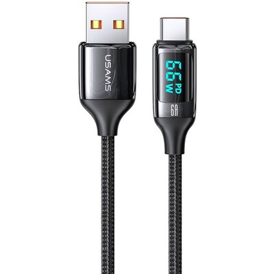 USB töltő- és adatkábel, USB Type-C, 120 cm, 6000 mA, LED kijelzővel, gyorstöltés, PD, cipőfűző minta, Usams U78, US-SJ544, fekete