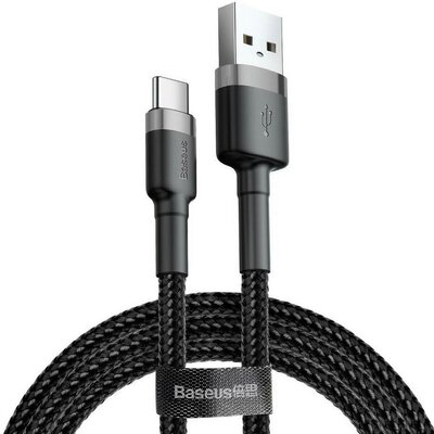 USB töltő- és adatkábel, USB Type-C, 100 cm, 3000 mA, törésgátlóval, gyorstöltés, cipőfűző minta, Baseus Cafule, CATKLF-BG1, fekete/szürke