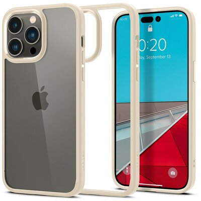 Apple iPhone 14 Pro, Szilikon tok + műanyag keret, közepesen ütésálló, Spigen Crystal Hybrid, átlátszó/homok-beige