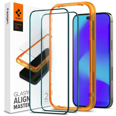 Apple iPhone 14 Pro Max, Kijelzővédő fólia, ütésálló fólia (az íves részre is!), Tempered Glass (edzett üveg), Full Cover, Spigen Glastr Alignmaster, fekete - 2 db /csomag