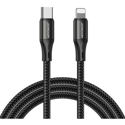 USB Type-C töltő- és adatkábel, Lightning, 100 cm, 2400 mA, 20W, törésgátlóval, gyorstöltés, PD, cipőfűző minta, Joyroom S-1024N1-PD, fekete