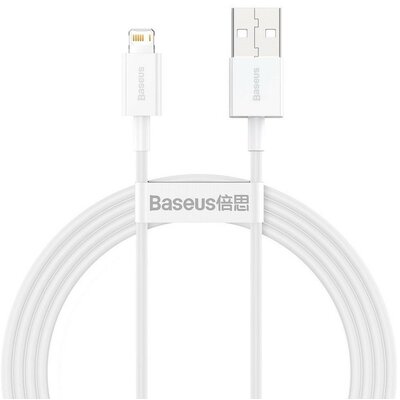 USB töltő- és adatkábel, Lightning, 150 cm, 2400 mA, törésgátlóval, gyorstöltés, PD, Baseus Superior, CALYS-B02, fehér