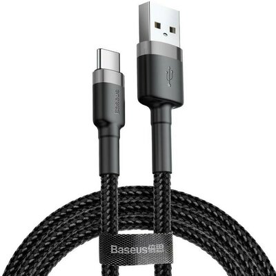 USB töltő- és adatkábel, USB Type-C, 50 cm, 3000 mA, törésgátlóval, gyorstöltés, cipőfűző minta, Baseus Cafule, CATKLF-AG1, fekete/szürke