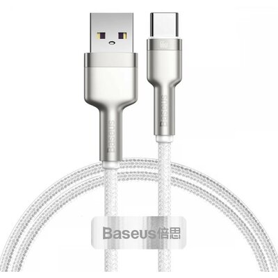 USB töltő- és adatkábel, USB Type-C, 200 cm, 6000 mA, 66W, törésgátlóval, gyorstöltés, cipőfűző minta, Baseus Cafule Metal, CAKF000202, fehér