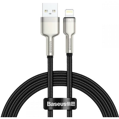 USB töltő- és adatkábel, Lightning, 50 cm, 2400 mA, törésgátlóval, gyorstöltés, cipőfűző minta, Baseus Cafule Metal, CALJK-01, fekete